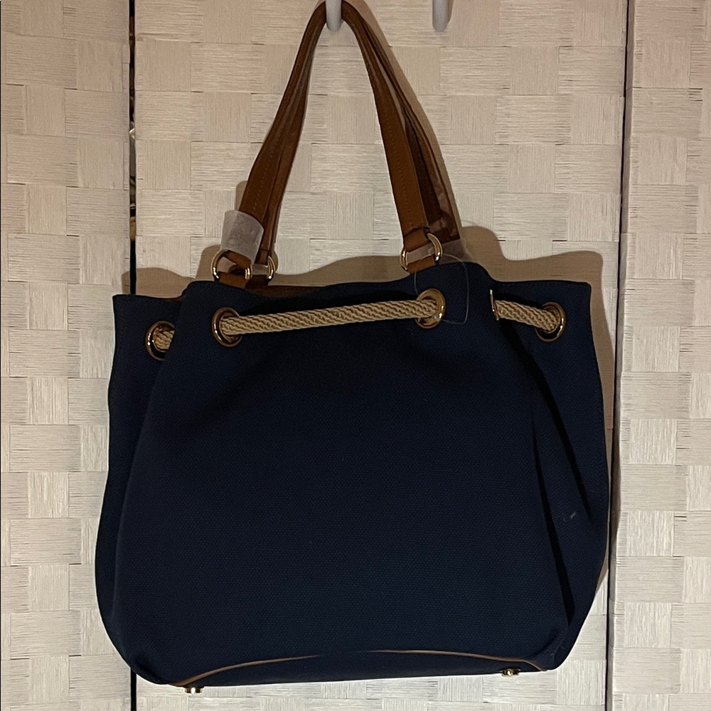 New Michael Kors Navy and Brown Tote Marina Shoulder Handbag Tote - Picture 7 of 12